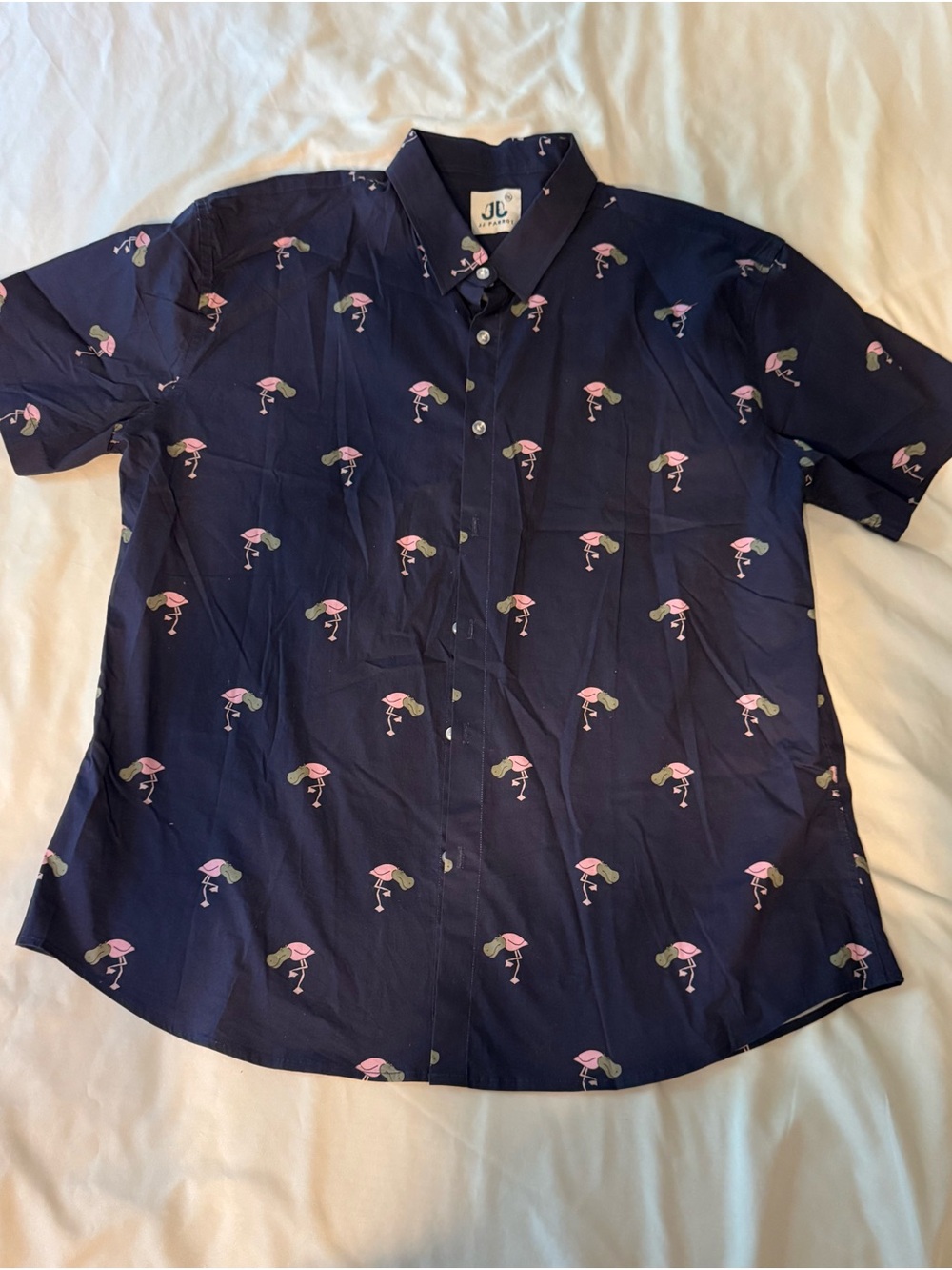 Parrot Navy Short-Sleeve Button-Down Shirt with Pink Flamingo Motif